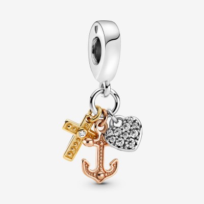 Pandora Triple tone Cross Heart and Anchor Dangle Charm