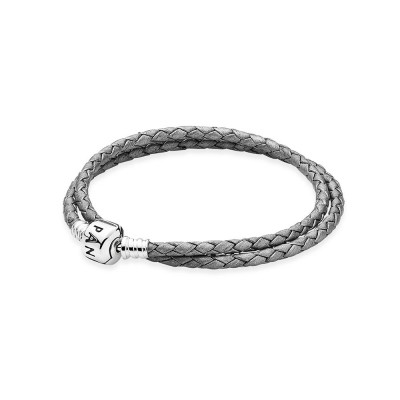 Pandora Silver-Grey Braided Double-Leather Charm Bracelet