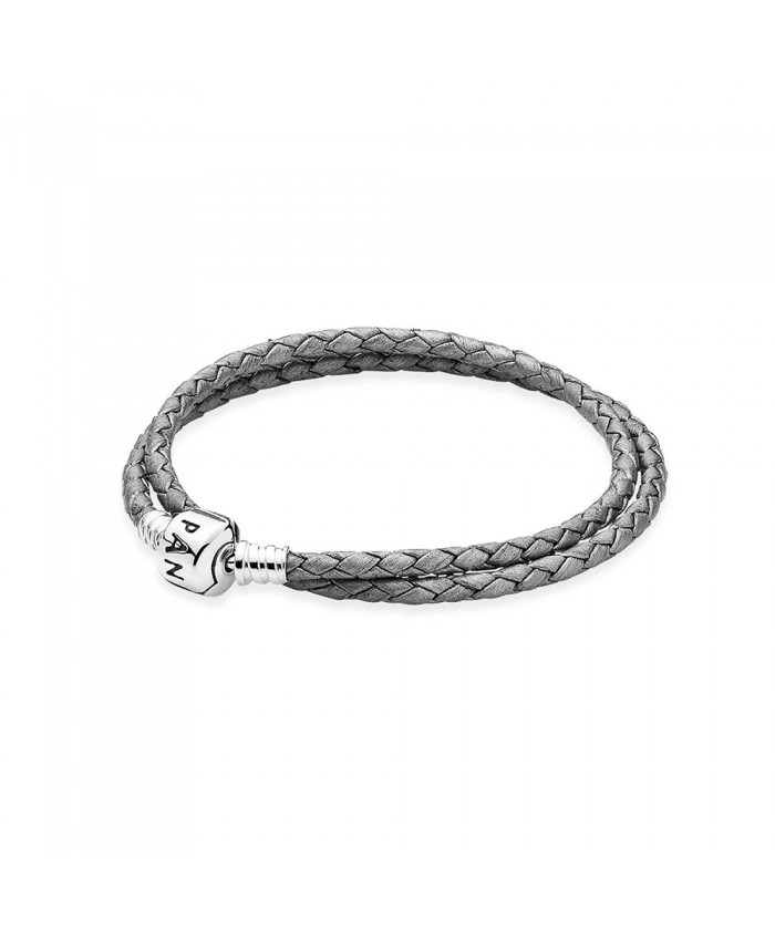 Pandora Silver-Grey Braided Double-Leather Charm Bracelet