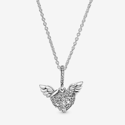 Pandora Pave Heart and Angel Wings Necklace